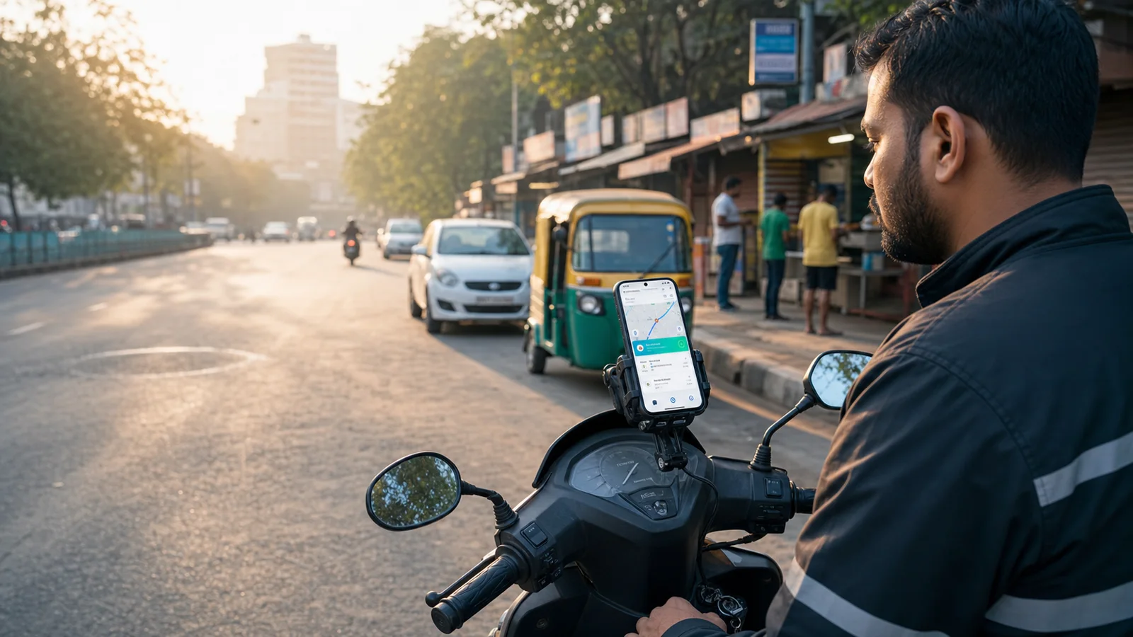 Indian app driver checking a mounted Android phone before starting a shift with Auto Accept App