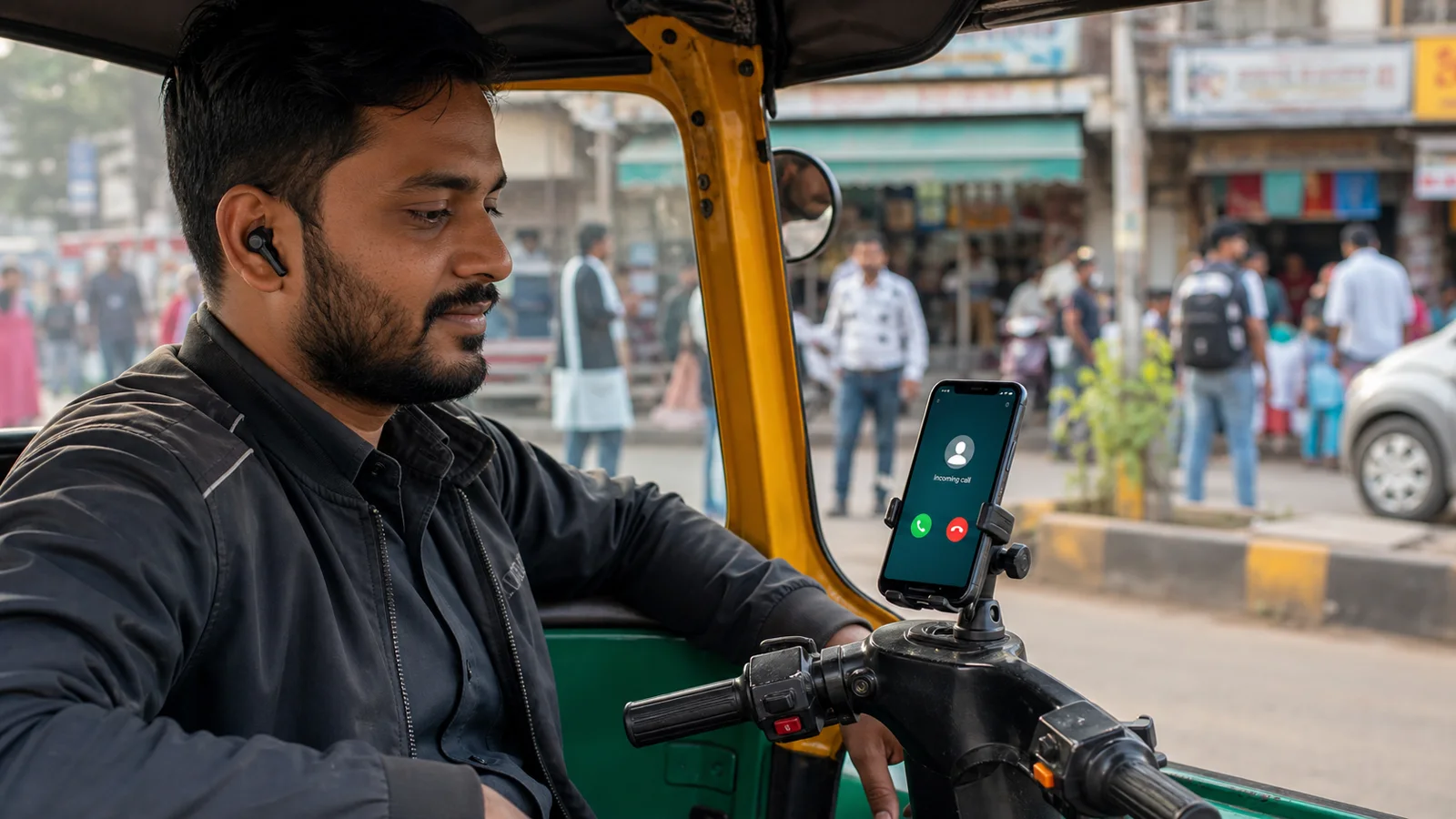 Indian app driver parked near a pickup point using a mounted phone safely before a customer call