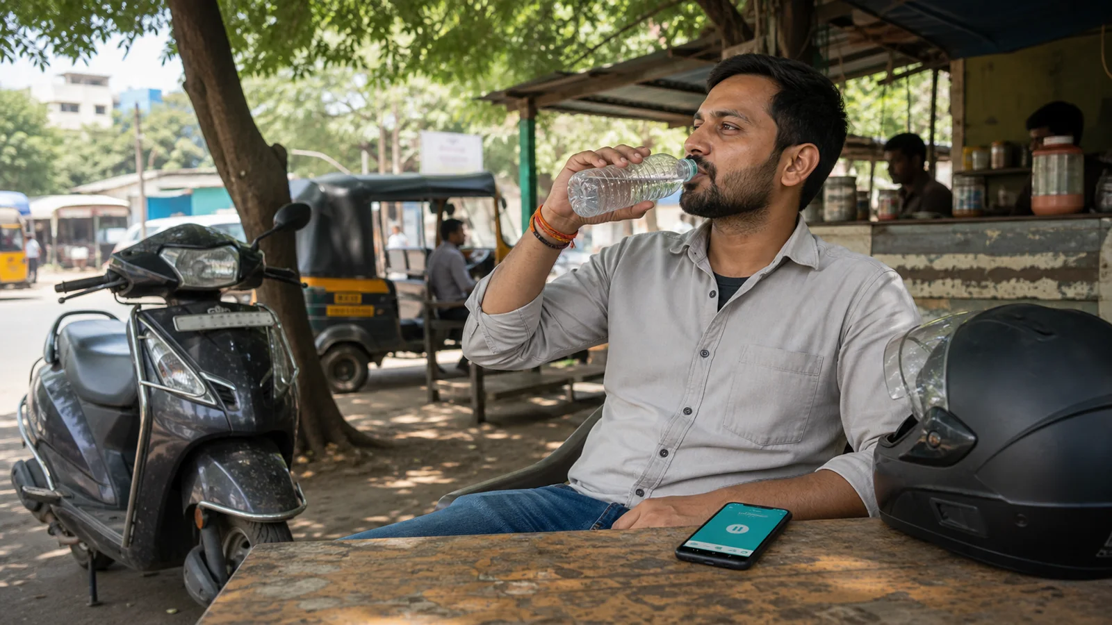 Indian app driver resting with water at a shaded roadside tea stall beside a parked scooter