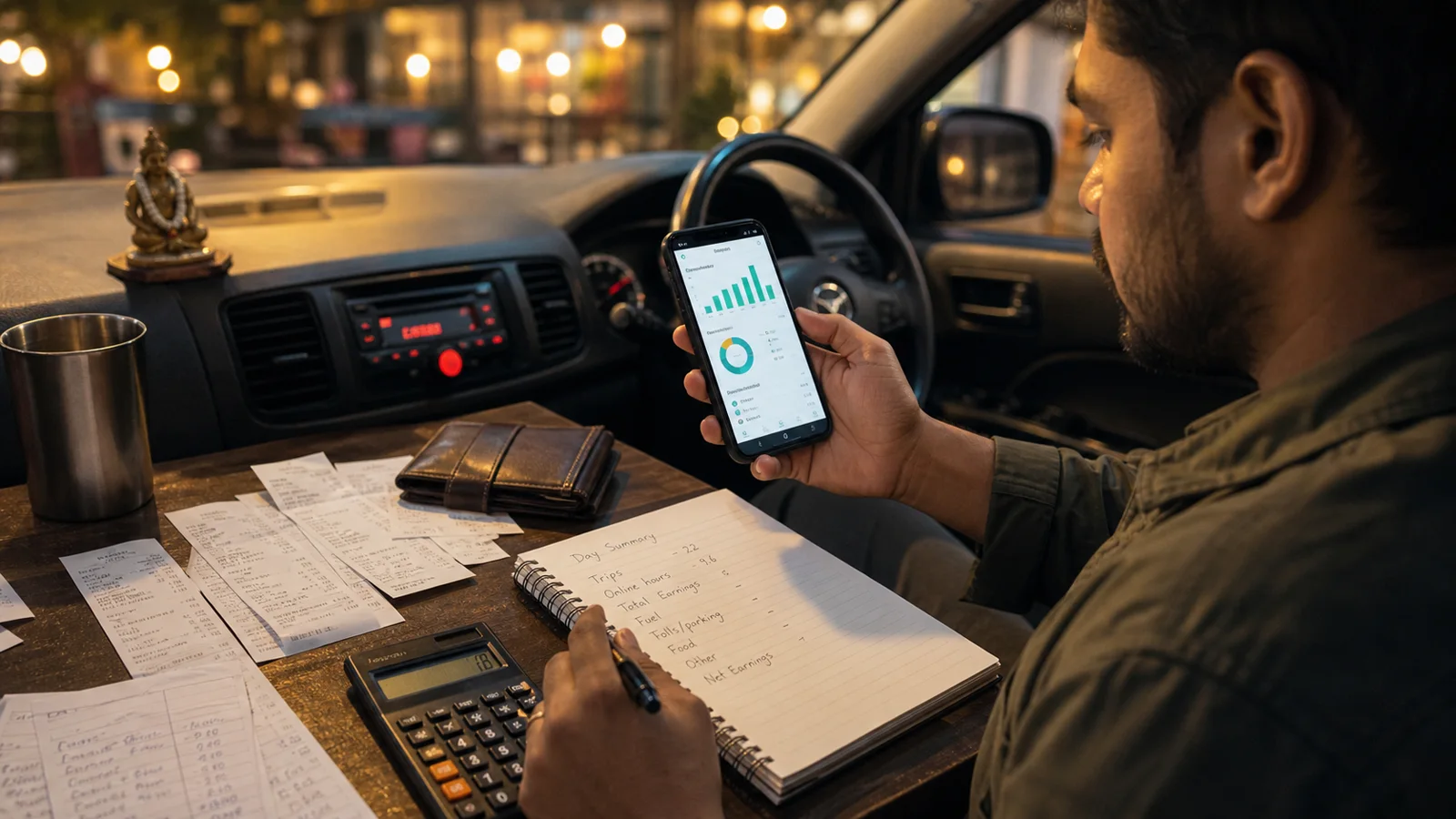 Indian app driver reviewing fuel receipts, notebook and generic earnings charts after a shift