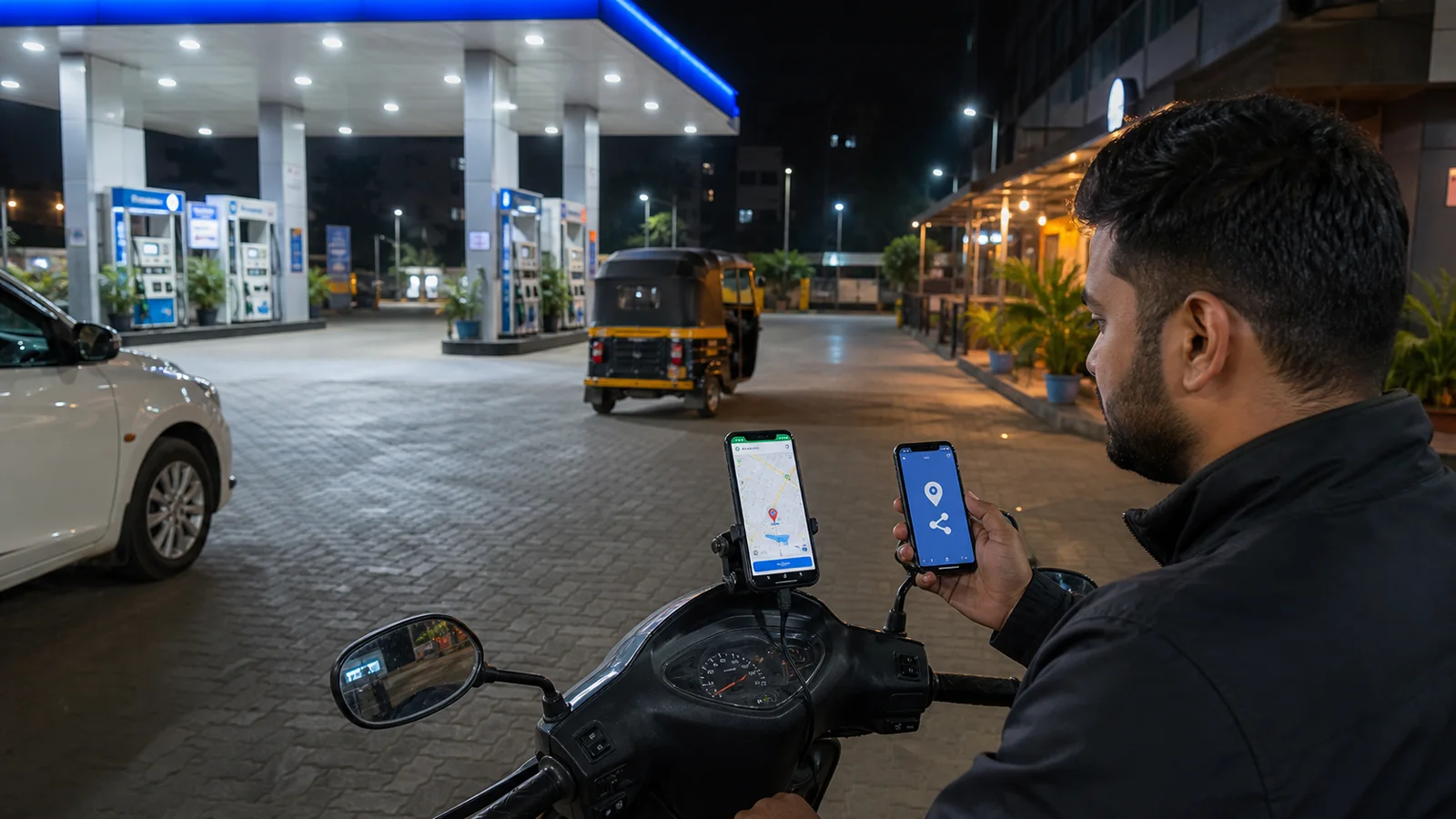 Indian app driver parked safely at a well lit night pickup point checking a mounted phone