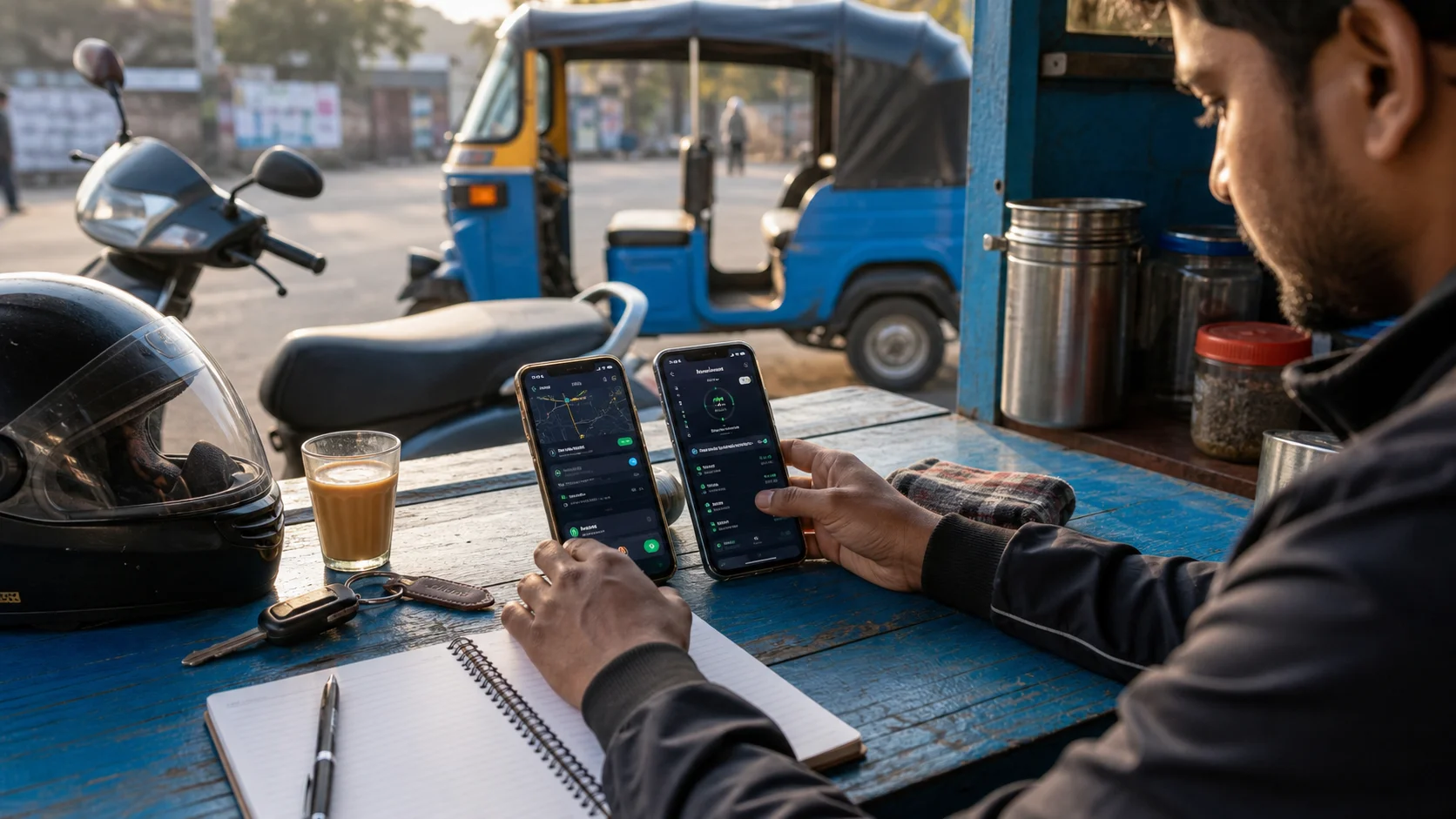 Indian driver organizing ride apps on one Android work phone