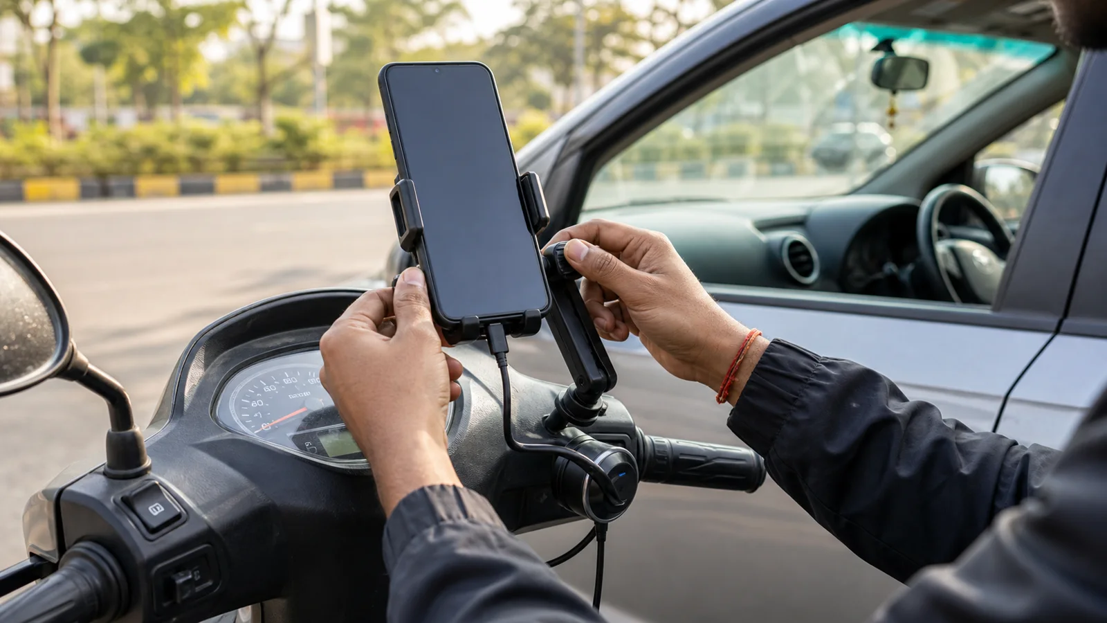 Close view of a mounted Android phone charging on a parked scooter used by an Indian app driver
