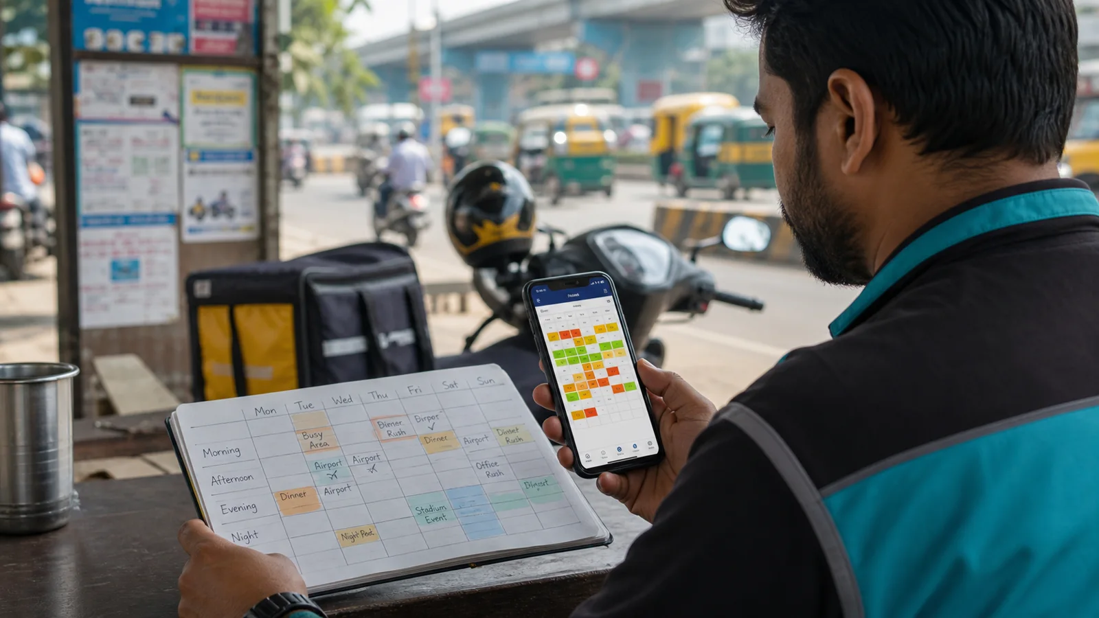 Indian app driver comparing generic incentive cards with a handwritten shift plan