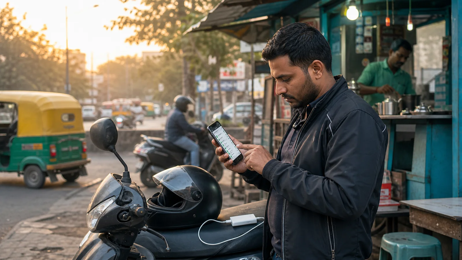 Indian app driver checking phone readiness beside a parked scooter before starting a shift