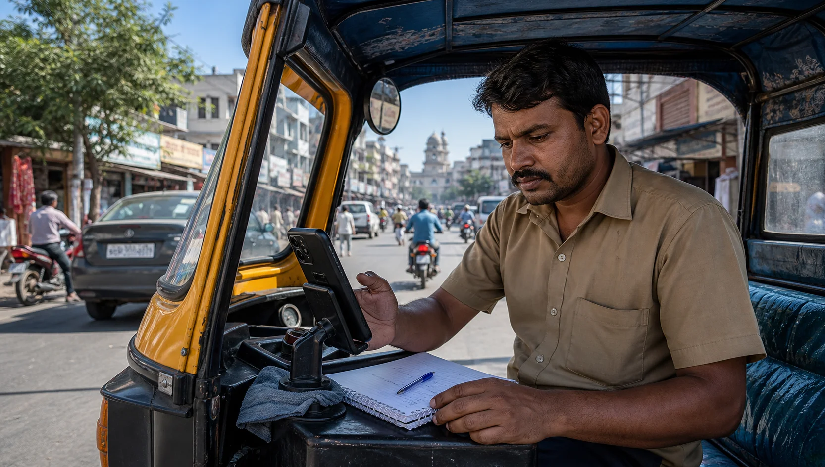 Indian delivery partner checking an Android work phone before a city shift