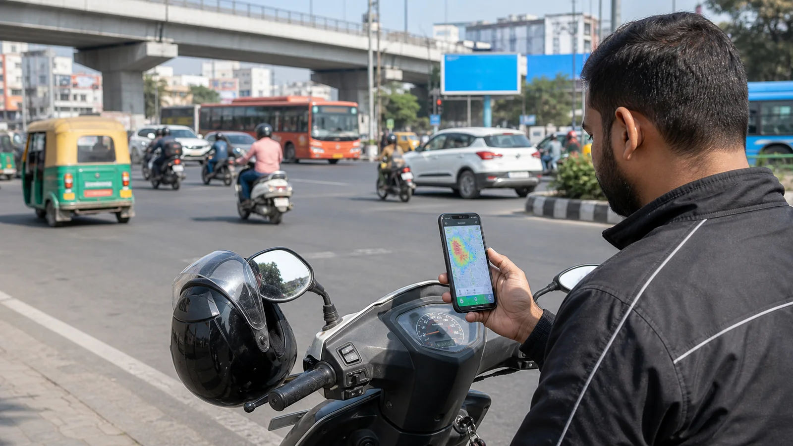 Indian app driver parked safely while checking generic map patterns near city traffic